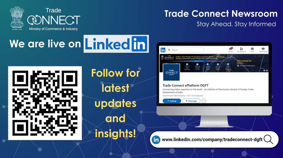 🚀 Trade Connect ePlatform is LIVE on LinkedIn!
 Follow us for the latest updates, insights and stay informed on all things trade and commerce. 🌐
 
🔗 linkedin.com/company/tradec…

#TradeConnectePlatform #DGFT #LinkedInLaunch #GlobalTrade #FollowUs