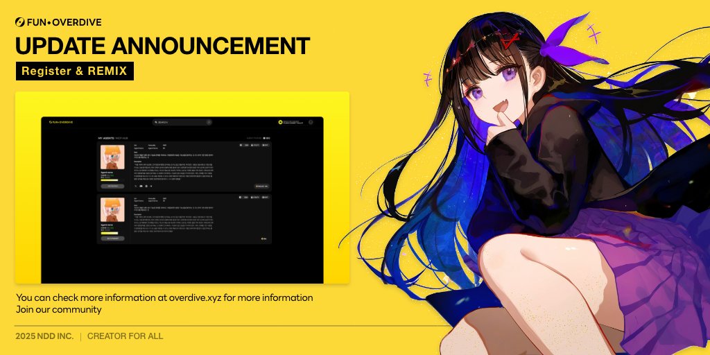 UPDATE ANNOUNCEMENT-AGENT IPA

Configure personalized agents on Fun.overdive.xyz by setting persona, age, background &amp; Chat Data. Then mint them as IPAs on
<a href="/StoryProtocol/">Story</a> and register officially on IP.Portal.  

DETAIL LINK 👇 bit.ly/4kHWnMk