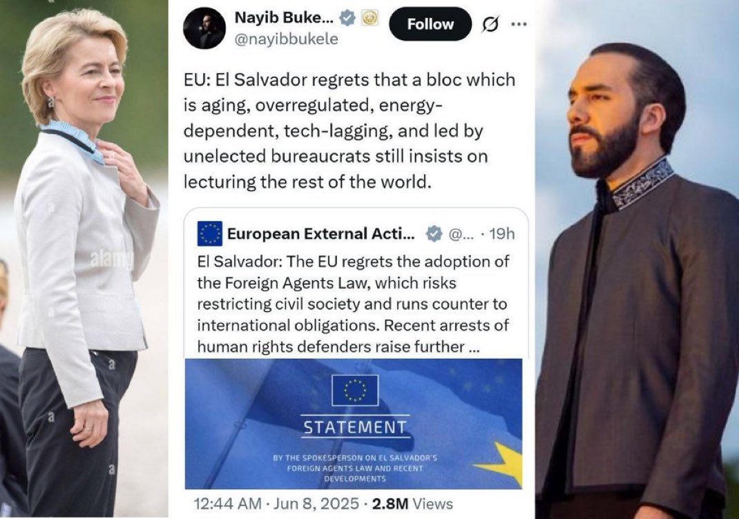 🇪🇺🇸🇻 Bukele just slapped Von der Leyen across the face … diplomatically.

Lmao