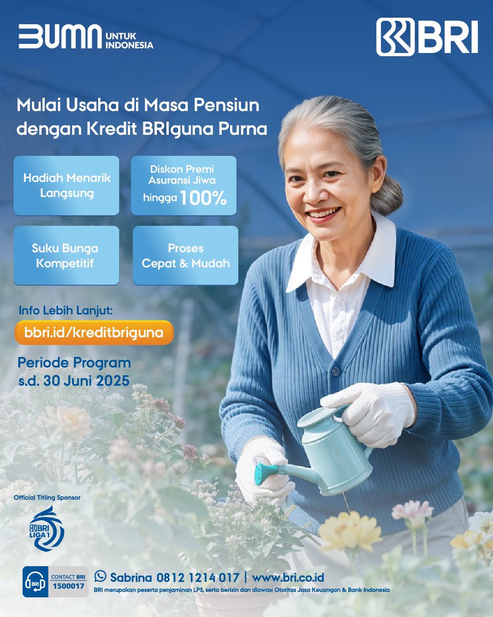Tidak perlu takut untuk memulai usaha di Masa Pensiun. #KreditBRIguna Purna hadir untuk bantu wujudkan impian Anda.

Periode program s.d 30 Juni 2025

Info lebih lanjut kunjungi bbri.id/kreditbriguna

#KreditBRIguna #CepatdanMudah