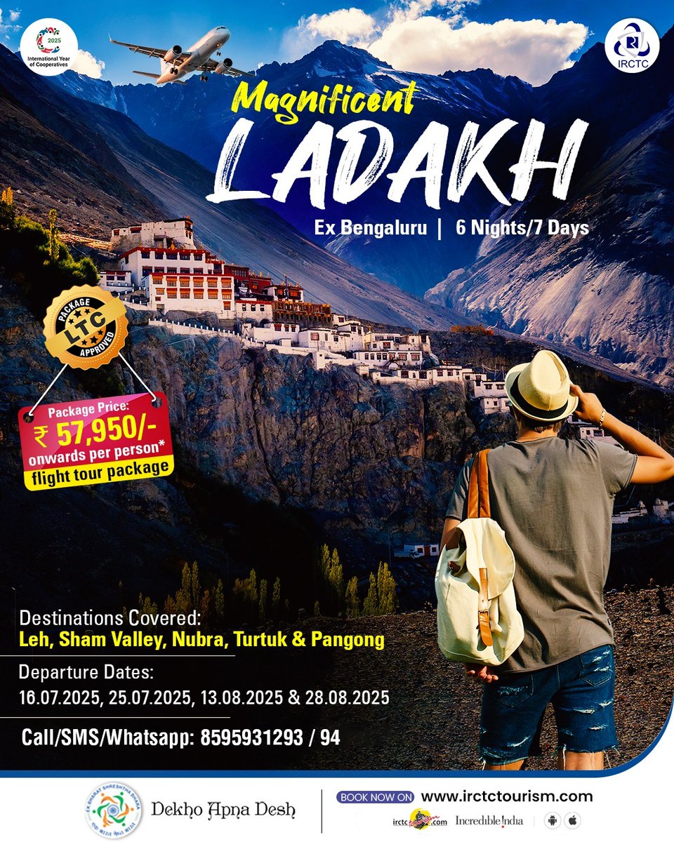 IRCTCofficial's tweet image. IRCTC's 6N/7D Ladakh tour package is a great opportunity to experience the beauty of Leh, Sham Valley, Nubra, Turtuk, and Pangong. Don't you wait! Book your tickets today!   
irctctourism.com/pacakage_descr…

(packageCode=SBA08)

#IRCTCTourism #TravelWithIRCTC #VisitLadakh #TravelLadakh