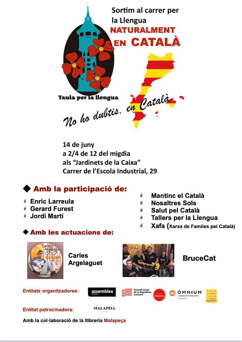 llenguacat_CAT's tweet photo. Aquest dissabte sortim al carrer per la Llengua, a les 11:30 h als Jardinets de la Caixa. 

👉 Comptarem amb la participació de persones i entitats destacades en la promoció del català, aix�� com amb les actuacions de @CArgelaguet i @BruceCat_. https://t.co/Z3TlS6VRJs