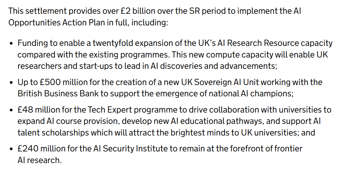 Topping off a good week for the the AI Opportunities Team (inc. £500mn for the Sovereign AI Unit). 🇬🇧

Well done to hard-working colleagues who have helped to secure investment for such important work in difficult fiscal circumstances. 

Now to make it count!