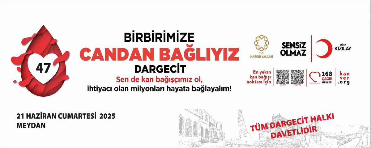 🟠 Dargeçit
🩸 “Birbirimize Candan Bağlıyız”
Bir damla umut için Dargeçit buluşuyor.

📅 21 Haziran Cumartesi
📍 Meydan
Sen de gel, bir ünite kanla bir yaşam kurtar.

#DargeçitİçinKanVer
#BirbirimizeCandanBağlıyız
#HayatKurtar