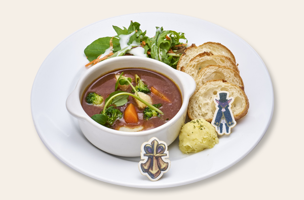 📷   🍽️_ _ _ _ _
『#大逆転裁判10th』×#カプコンカフェ
  限定メニューご紹介
                        - - - - -🥤
『バロック・バンジークスのビーフシチュープレート』
ビーフシチューにサラダ、バゲット、マッシュポテトを添えたバロック・バンジークスの贅沢な一皿です。
#大逆転裁判