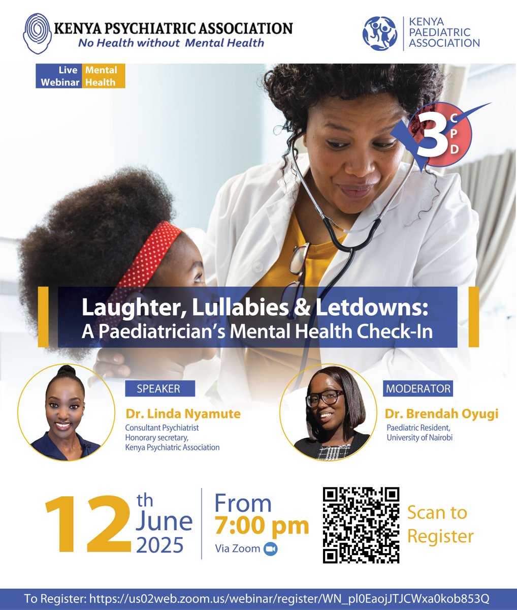 Kenyapaeds's tweet image. Don’t miss this evening’s conversation as we unpack the emotional highs and lows healthcare workers face in their line of duty. Let’s talk mental health and self-care. To register: us02web.zoom.us/webinar/regist…