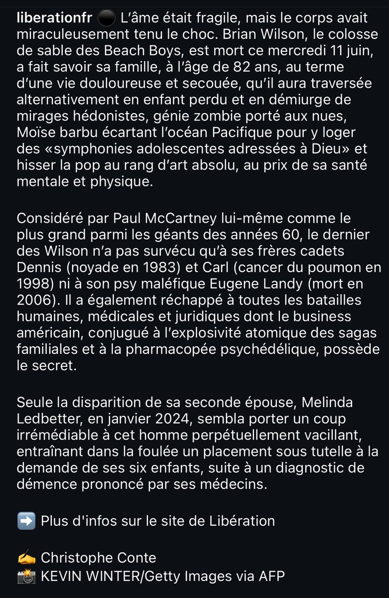Lisez l’hommage de <a href="/christopheconte/">Christophe Conte</a> à #BrianWilson dans <a href="/libe/">Libération</a> , vrai fan reconnaît vrai fan 🤍🫀🩸