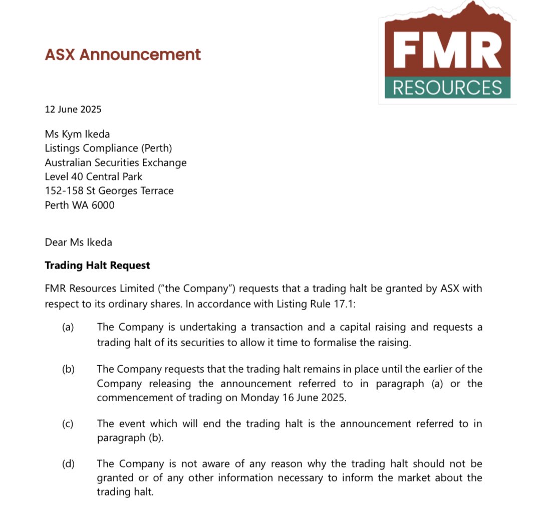 $FMR is undertaking a material transaction along with a capital raising.

The trading halt of its securities will last until Monday the 16th of June.