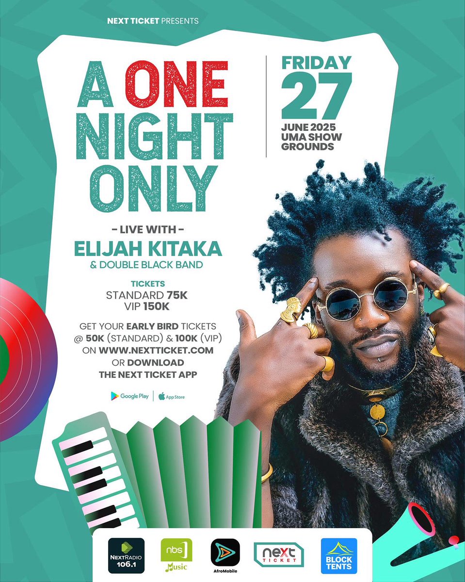 NextTicketug's tweet image. It’s a ONE NIGHT ONLY experience with @Elijah_Kitaka1 &amp;amp; the Double Black Band live on Friday, June 27th, 2025 at UMA Show Grounds!

Tickets: 75K| 150K
Early Bird: 50K | 100K

Get yours now: nextticket.com/events/a_one_n… …

#OneNightWithElijahKitaka