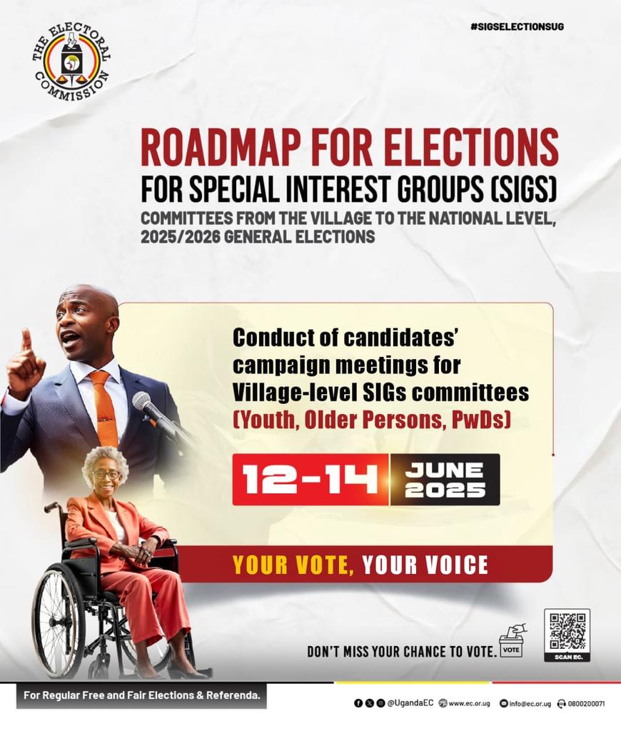 Campaign meetings for candidates seeking to lead Special Interest Groups Committees at the village level are underway from 12 to 14 June 2025, as nominees for Youth, Older Persons, and Persons with Disabilities engage voters across Uganda.

#SIGsElectionsUG #ECRoadmap2026