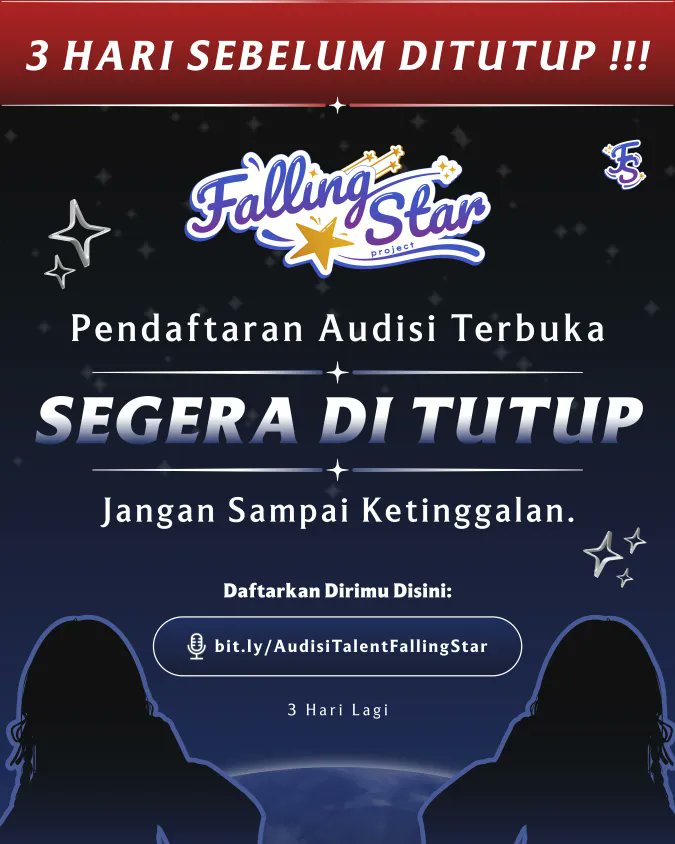 📢SISA 3 HARI LAGI!!

Guys, jangan sampai ketinggalan!!
Audisi talent Falling Star tinggal 3 hari lagi lohh...

Buat kalian yang belum daftar, tunggu apa lagi? Buruan klik atau copy paste link di bawah ini!!👇🏻

bit.ly/AudisiTalentFa…

#FallingStar #VTuber #VTuberID