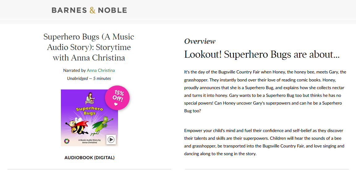 📢<a href="/BNBuzz/">Barnes & Noble</a> Audiobook Sale!

Continuing our #AudiobookAppreciationMonth celebrations, we are giving you a chance to get our Music Audio Story, #SuperheroBugs, from #BarnesandNoble at a discounted price!

🎁 Get 15% off now
➡️ shorturl.at/mdvGw

▫️Offer ends 30/6/25▫️