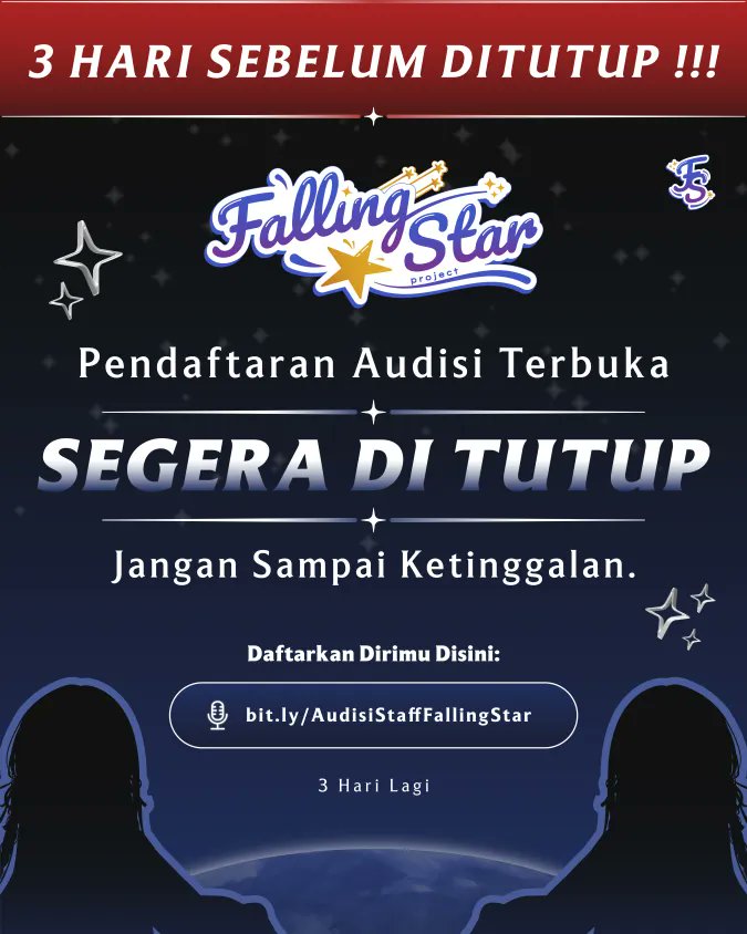 📢SISA 3 HARI LAGI!!

Guys, jangan sampai ketinggalan
Open requirement staff Falling Star tinggal 3 hari lagi lohh...

Buat kalian yang belum daftar, tunggu apa lagi? Buruan klik atau copy paste link di bawah ini!!👇🏻

bit.ly/AudisiStaffFal…

#FallingStar #VTuber #VTuberID