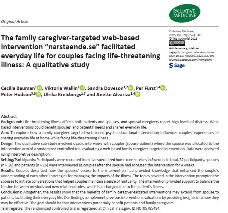 Family caregiver-targeted web-based interventions may facilitate spouses’ and patients’ experience of sharing everyday life. #hpm #hapc journals.sagepub.com/doi/full/10.11…
