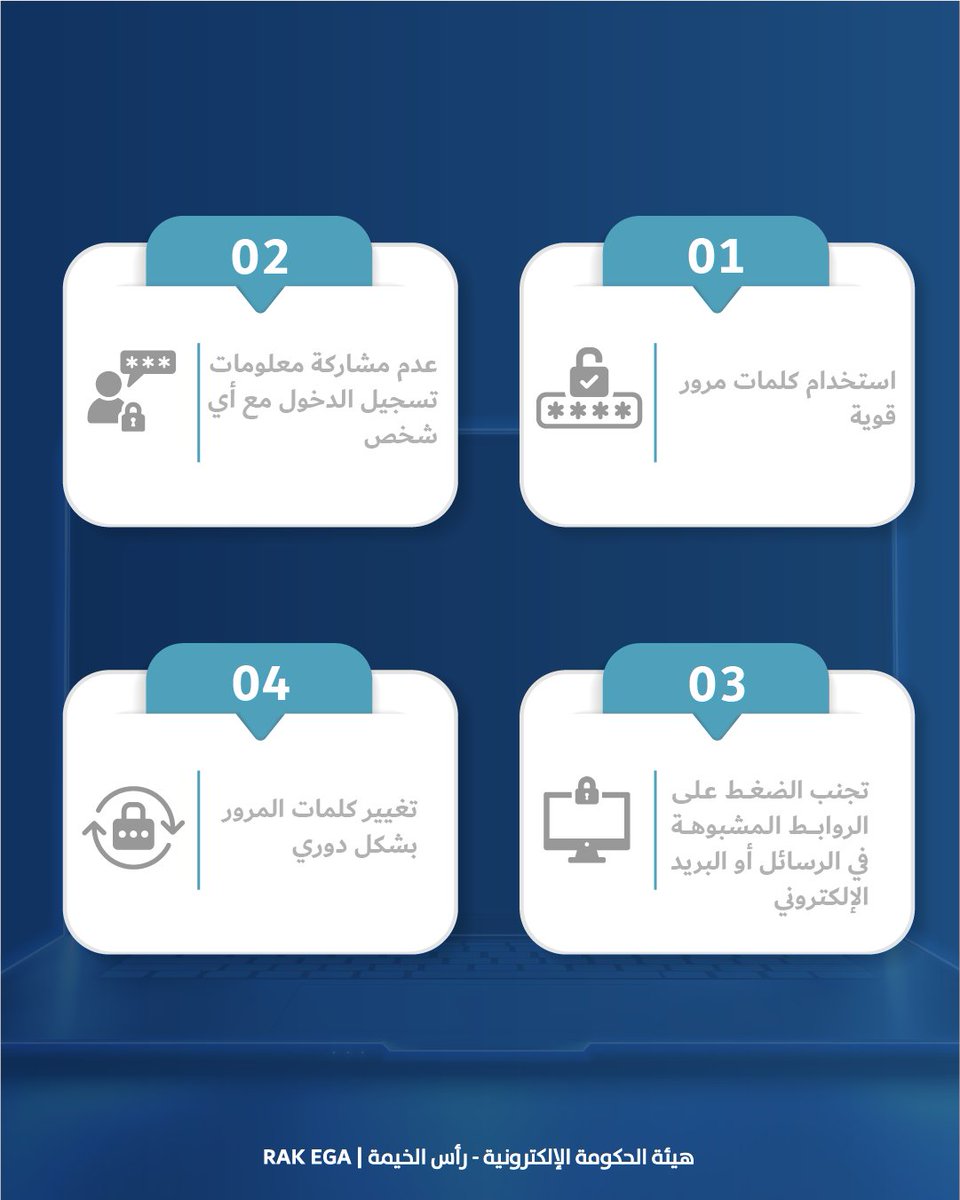 ما هي أهم الخطوات التي تتخذها لحماية حساباتك الإلكترونية؟ 
استخدام كلمات مرور قوية 
عدم مشاركة معلومات تسجيل الدخول مع أي شخص 
تجنب الضغط على الروابط المشبوهة في الرسائل أو البريد الإلكتروني 
تغيير كلمات المرور بشكل دوري 
#راس_الخيمة #هيئة_الحكومة_الإلكترونية