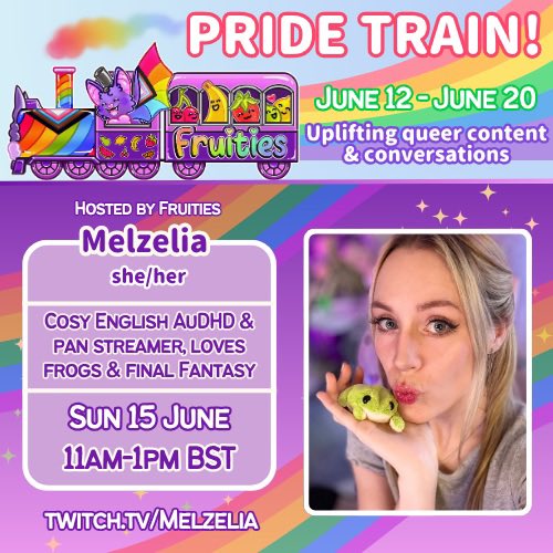 MelzeliaTV's tweet photo. Can’t wait to play #Heartspell in my Fruities #Pride raid train on Sunday!! 🥹

🌈I’ll be live 10:40am - 1pm BST!🚂

It’s an honour to be involved 💜

#stream #twitch #youtube https://t.co/v8iQm7iqTR