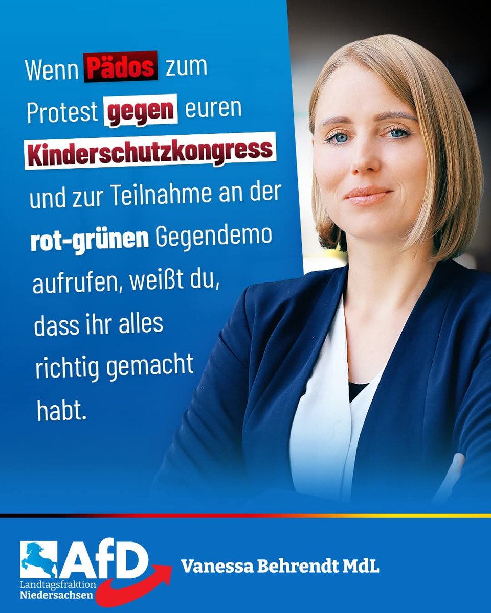 ++ Pädophile demonstrieren gegen #AfD-Kinderschutzkongress? Gut so!++

„Die Mobilmachung pädophiler Aktivisten gegen den #Kinderschutzkongress unserer AfD-Fraktion beweist, dass wir einen Nerv getroffen haben“, sagt Vanessa <a href="/MdlBehrendt/">Vanessa Behrendt MdL</a>, familien- und frauenpolitische Sprecherin