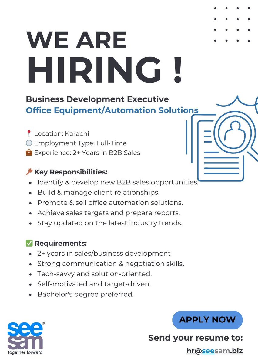 SeeSamSolution's tweet image. We’re Growing!

Join our sales team and help businesses work smarter with cutting-edge office equipment and automation solutions. If you’re a go-getter with a passion for tech and B2B sales — we want to hear from you!

 Apply now: hr@seesam.biz