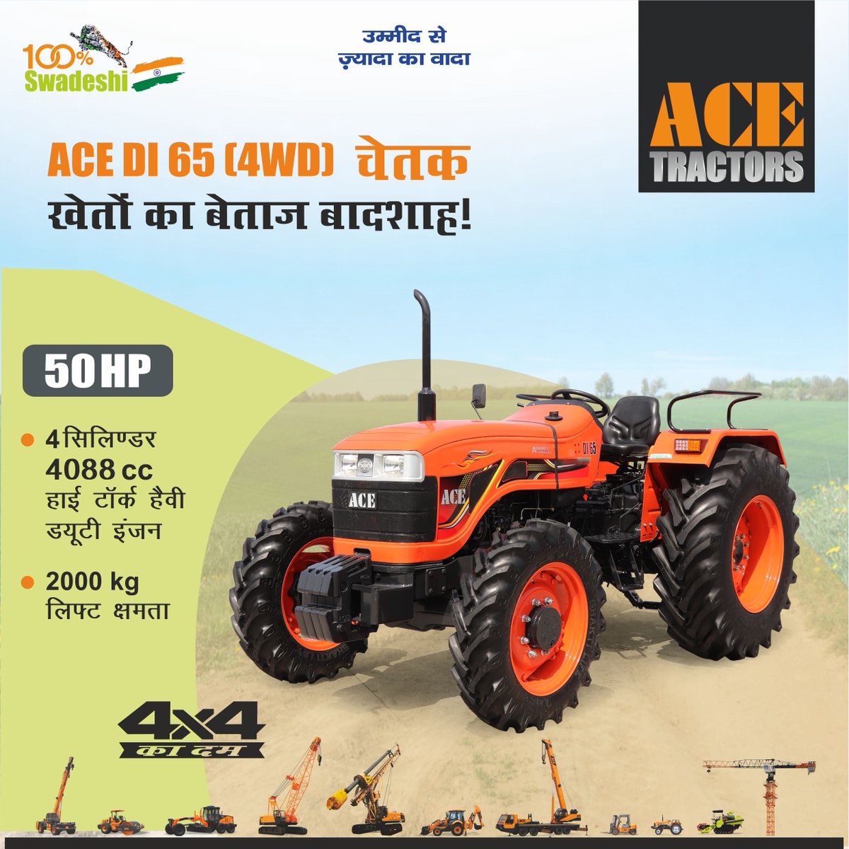 ACE DI 65 चेतक (4WD) खेतों का बेताज बादशाह! - bit.ly/3qnxYUV

फीचर्स-
✅ 50HP इंजन
✅ 4 सिलिंडर 4088 सीसी हाई टॉर्क हैवी ड्यूटी इंजन
✅ 2000 Kg लिफ्ट क्षमता
✅ पॉवर स्टीयरिंग
✅ ड्यूल क्लच

#ACE #ACETractors #ACETractorsIndia #ACEDi65 #ChetakDI654WD #50HP #AceChetak #4WD