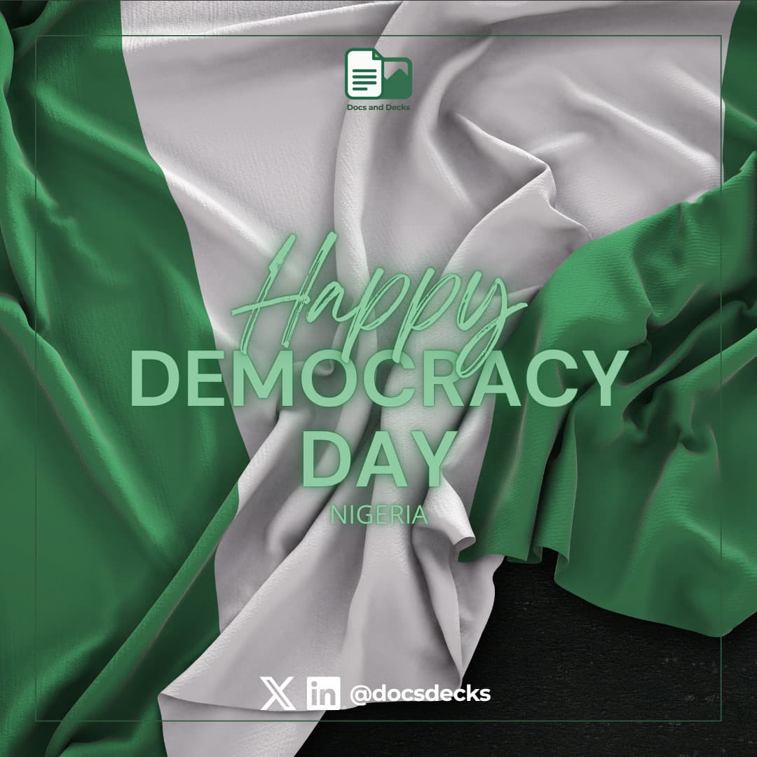 docsdecks's tweet image. Happy Democracy Day 🇳🇬

Freedom, growth, empowerment and values we’re proud to promote not only in governance but in skills development too.

#Nigeria #Growth #DigitalSkills #DnD
#GapBridgers