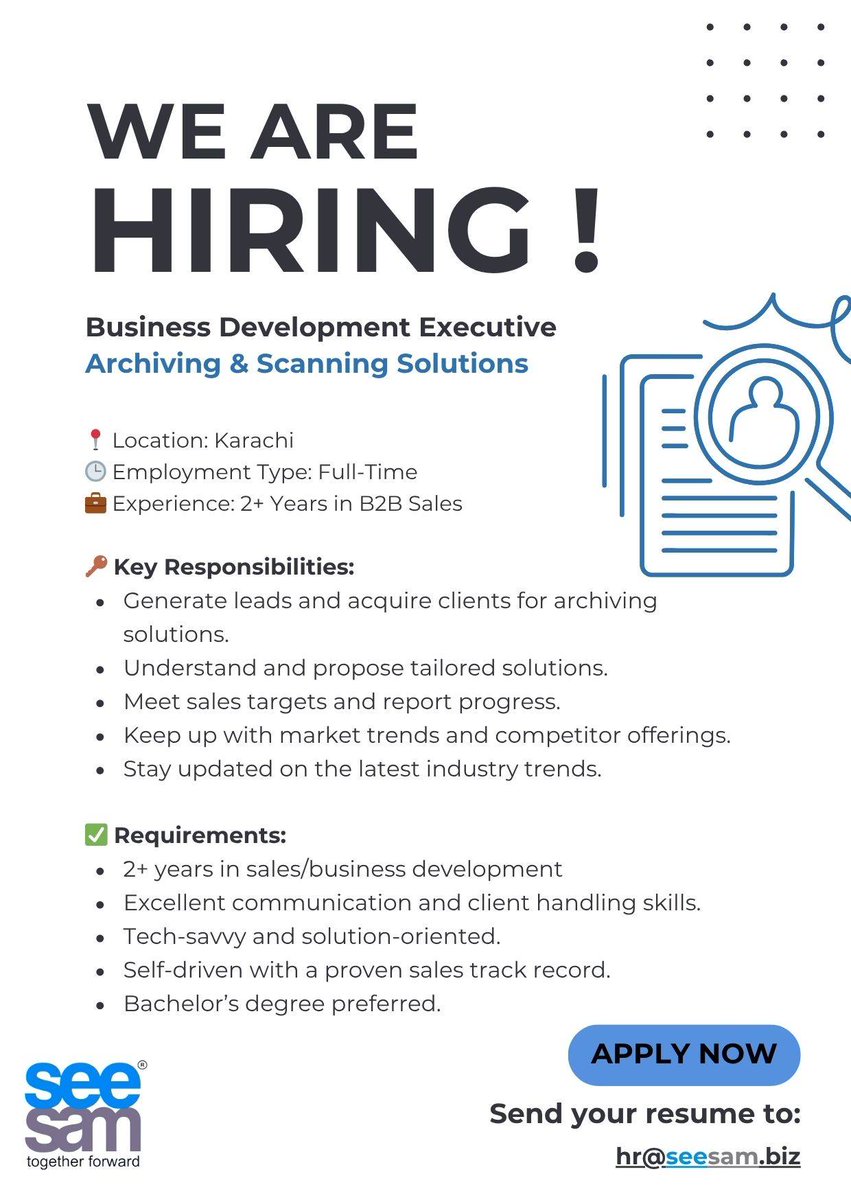 SeeSamSolution's tweet image. ️ Digitize the Future with Us!
We’re hiring a Business Development Executive to promote our document archiving &amp;amp; scanning solutions. Help organizations move from paper to digital!

 Take your career to the next level.
 Apply: hr@seesam.biz