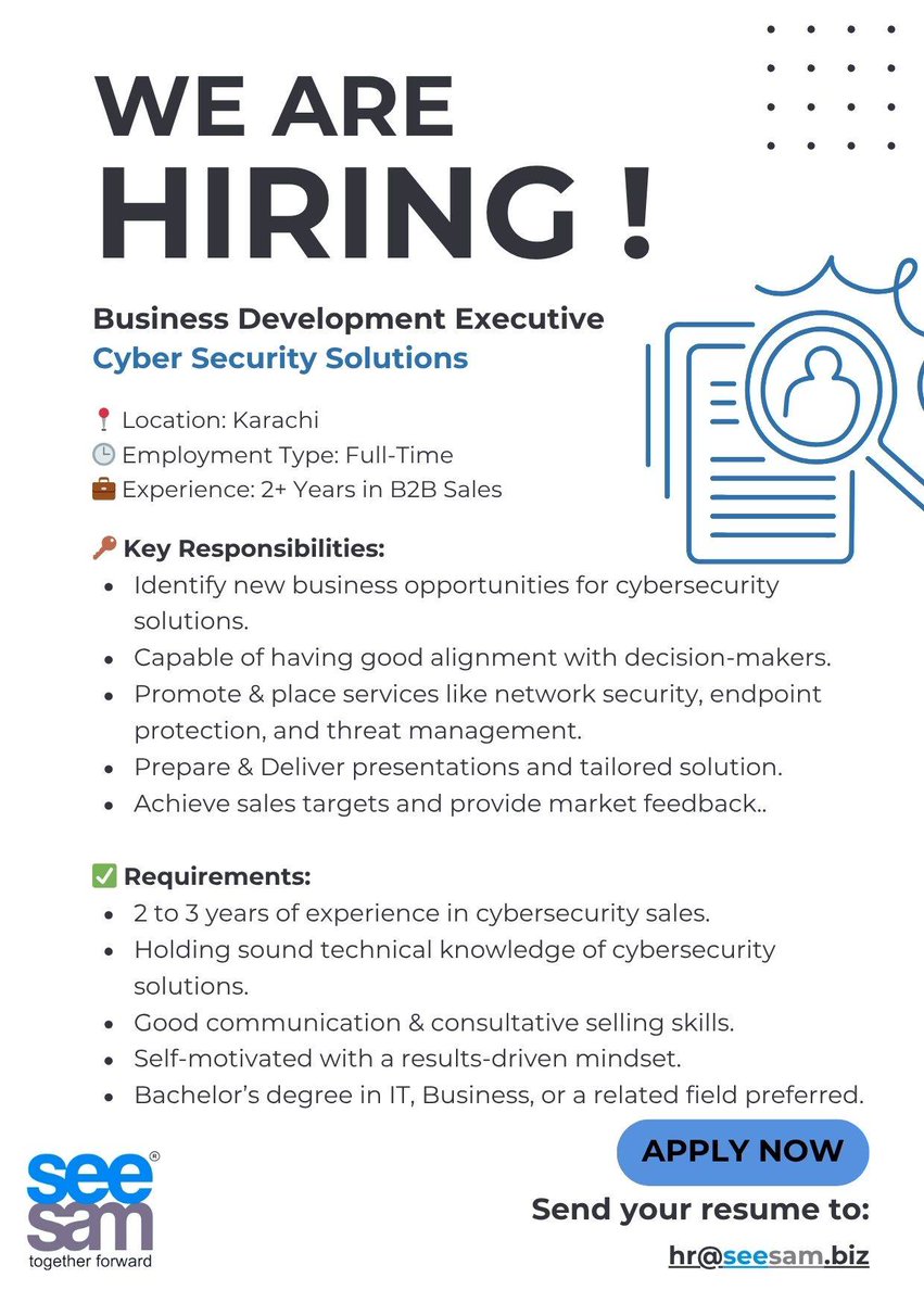 SeeSamSolution's tweet image. ️ Protect. Promote. Grow.

We’re on the hunt for a driven Business Development Executive to sell cybersecurity solutions that protect businesses from today’s digital threats.

 Think you&apos;re up for the challenge?
 Apply today: hr@seesam.biz