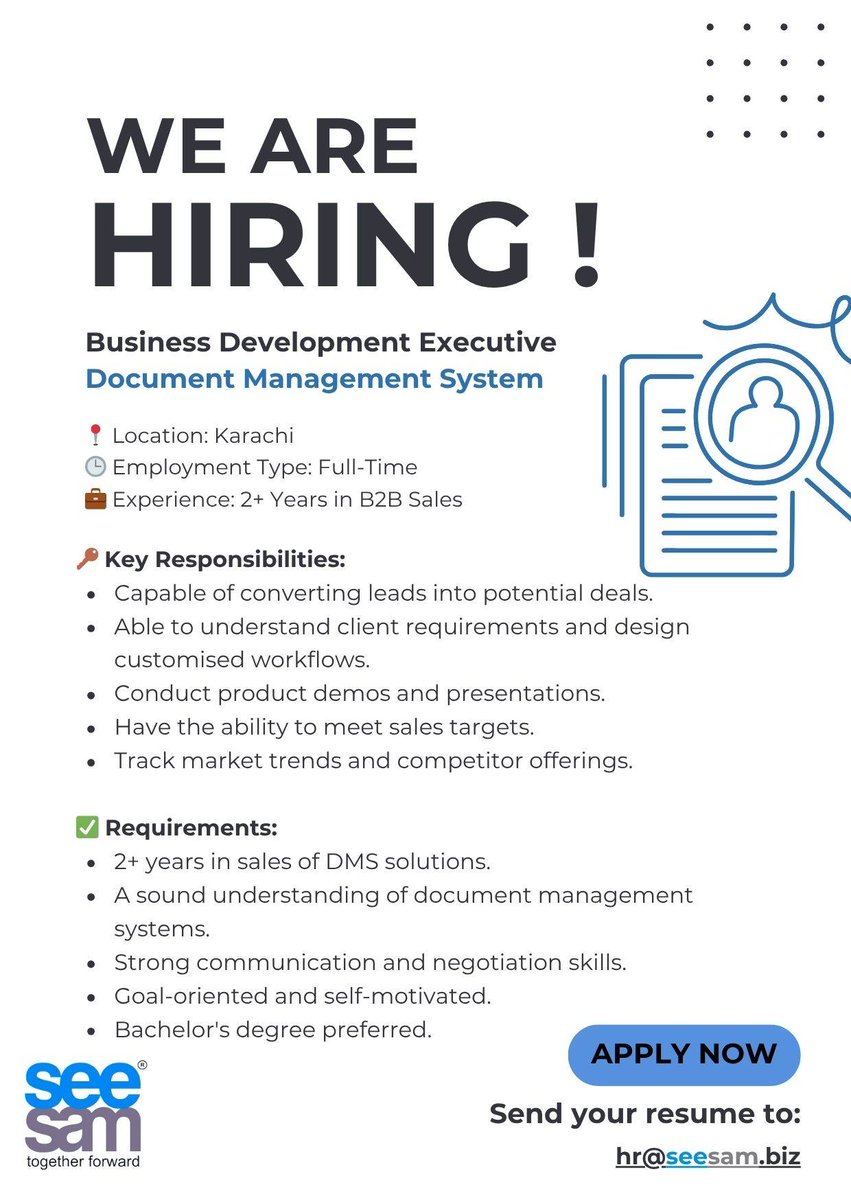 SeeSamSolution's tweet image. Help Businesses Go Paperless!

We&apos;re hiring a Business Development Executive to drive sales of our Document Management System. If you&apos;re tech-savvy and client-focused, this role is for you!

 Apply now: hr@seesam.biz