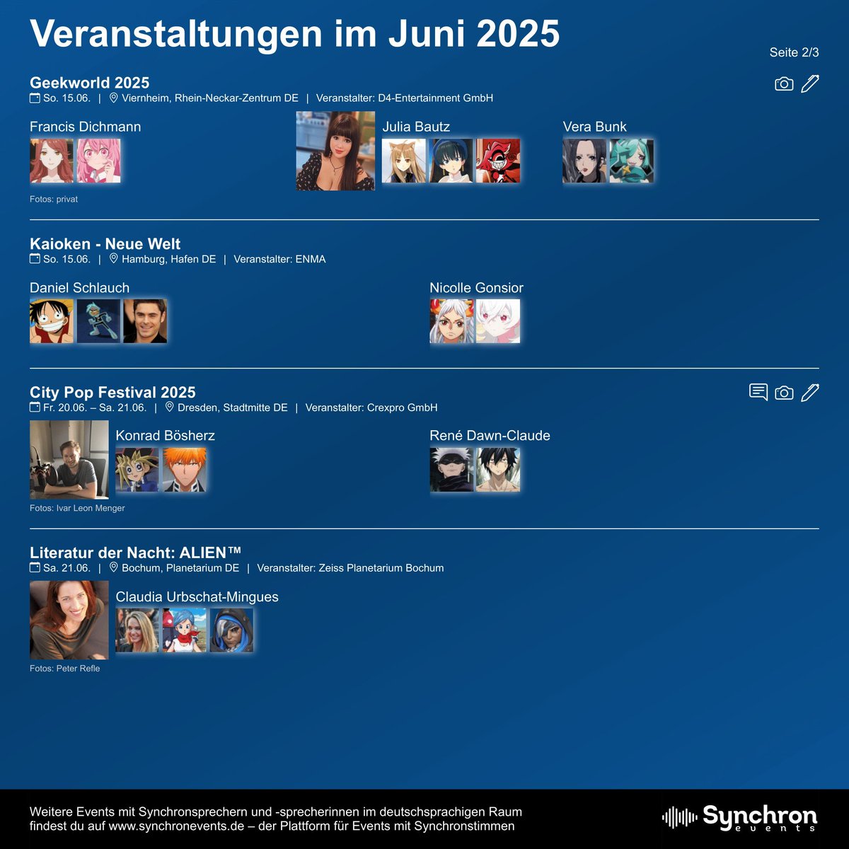 synchronevents's tweet image. Die Dokomi ist vorbei, aber kein Grund in Post-Con-Depressionen zu versinken.
Im Juni und den kommenden Monaten stehen eine Menge weitere Veranstaltungen an, darunter auch Kino-Events, Live-Hörspiele und ein Benefizkonzert.

#conventions #synchronsprecher #live #event