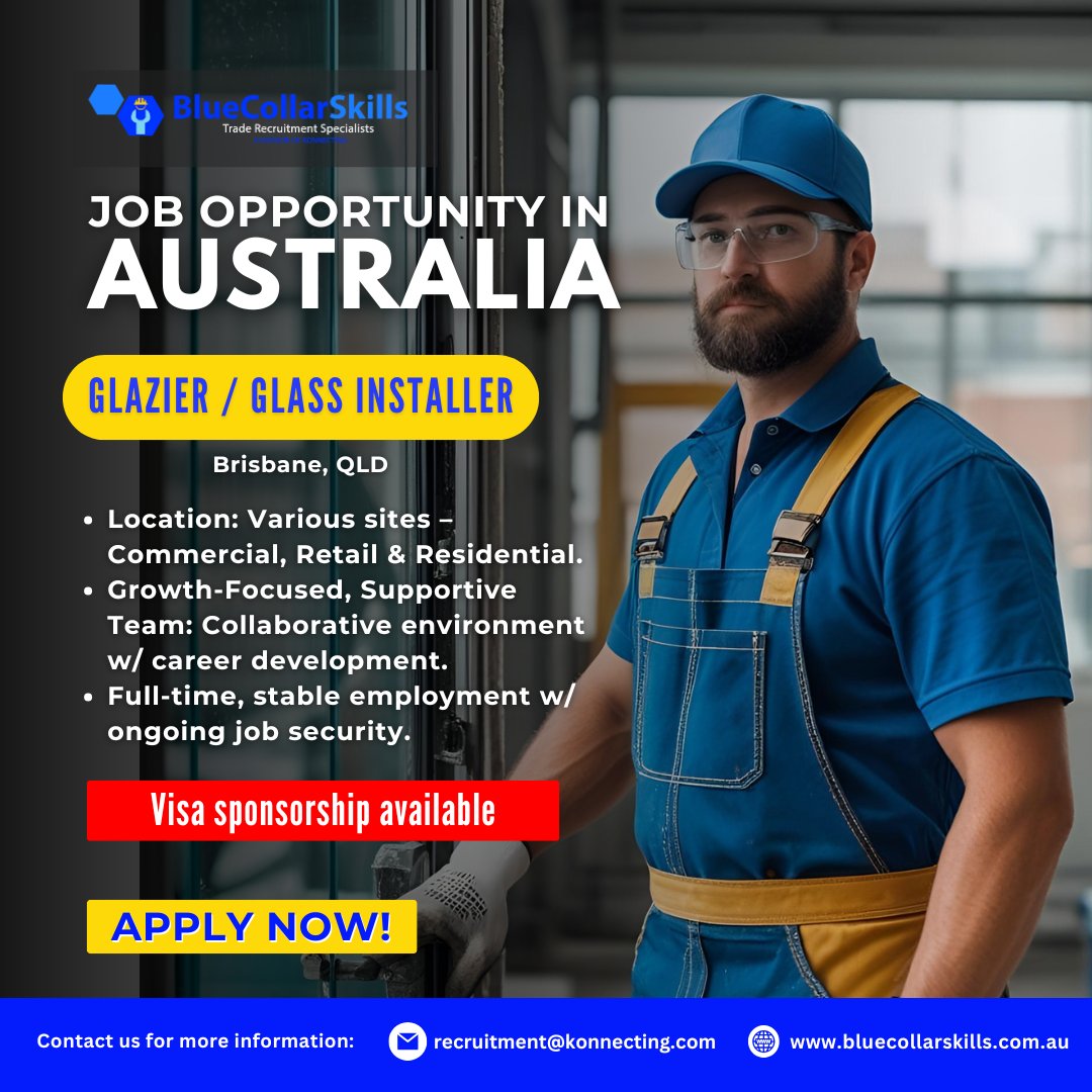 BlueCollarSkill's tweet image. Job Opportunity in Australia! 🇦🇺
We're looking for skilled Glaziers / Glass Installers to join the team in Brisbane, QLD!

Ready to build your career Down Under? Apply now! 👇
hubs.la/Q03rPt7C0

#GlazierJobs #GlassInstaller #AustraliaJobs #VisaSponsorship #bluecollarskills