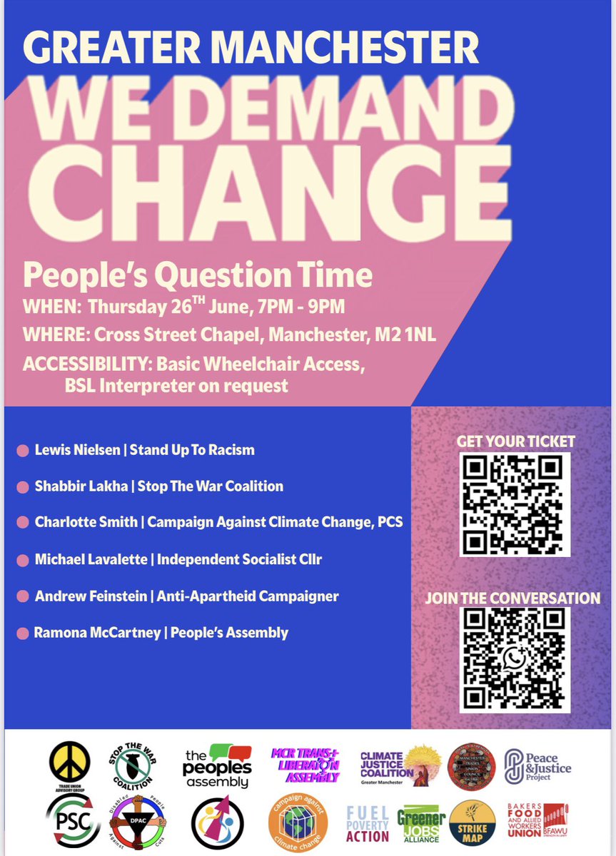 PplsAssemblyMcr's tweet image. Join us at the @demandchange25 People’s Question Time event in Manchester City centre, Thursday 26/6/25. Great range of speakers! Details below
👇🏼👇🏼