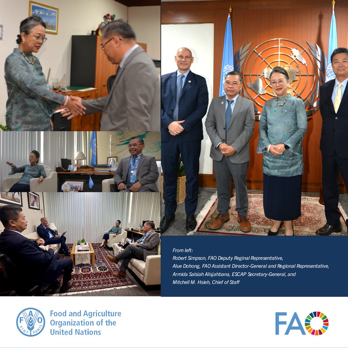 To strengthen inter-agency collaboration, newly appointed FAO ADG Alue Dohong and Deputy Regional Rep Robert Simpson paid a courtesy visit to ESCAP Secretary-General Armida Salsiah Alisjahbana, joined by ESCAP Chief of Staff Mitchell M. Hsieh. 🤝 #FAO #ESCAP #UNCollaboration