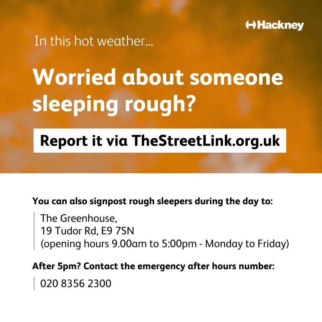 Hackney Council (@hackneycouncil) on Twitter photo ☀️The Severe Weather Emergency Protocol #SWEP warning has been activated today up until Sunday 15th June due to the hot weather.
If you see someone sleeping rough, report their location on the <a href="/StreetLink_/">StreetLink</a> website
orlo.uk/QS9cy ☀️The Severe Weather Emergency Protocol #SWEP warning has been activated today up until Sunday 15th June due to the hot weather.
If you see someone sleeping rough, report their location on the <a href="/StreetLink_/">StreetLink</a> website
orlo.uk/QS9cy