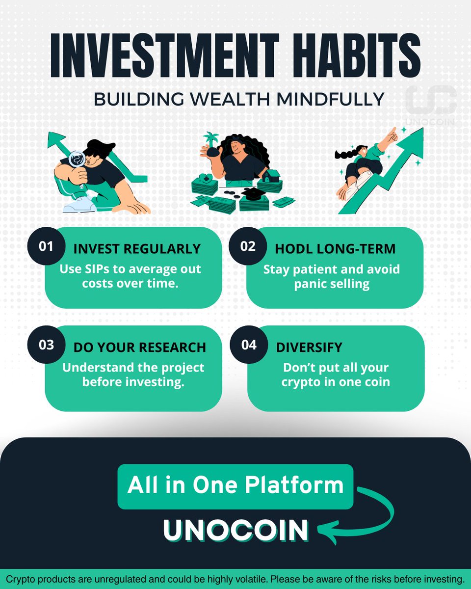 Investment isn’t luck — it’s a habit.
Start building wealth mindfully with these powerful crypto habits:

🔹Invest Regularly 
🔹HODL Long-Term
🔹Do Your Research
🔹Diversify 

All in one place – Unocoin
Buy. HODL. Repeat. Your crypto journey begins here.
