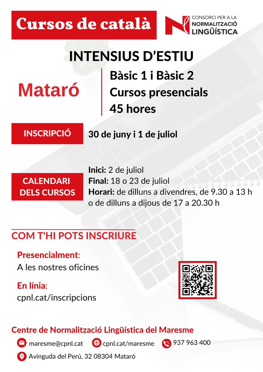 Educació Mataró (@educaciomataro) on Twitter photo 📚 El <a href="/cpnlcat/">Consorci per a la Normalització Lingüística</a> ofereix cursos intensius d’estiu de català (Bàsic 1 i 2)!
🗓️ Del 2 al 18/23 de juliol
⏰ Matins (dl- dv, 9.30-13 h) / Tardes (dl-dj, 17-20.30 h)
📍 Presencials a Mataró
📝 Inscripcions: 30 juny i 1 juliol
Més informació 👉bit.ly/43YxG78
<a href="/CNLMaresme/">CNL del Maresme</a> 📚 El <a href="/cpnlcat/">Consorci per a la Normalització Lingüística</a> ofereix cursos intensius d’estiu de català (Bàsic 1 i 2)!
🗓️ Del 2 al 18/23 de juliol
⏰ Matins (dl- dv, 9.30-13 h) / Tardes (dl-dj, 17-20.30 h)
📍 Presencials a Mataró
📝 Inscripcions: 30 juny i 1 juliol
Més informació 👉bit.ly/43YxG78
<a href="/CNLMaresme/">CNL del Maresme</a>