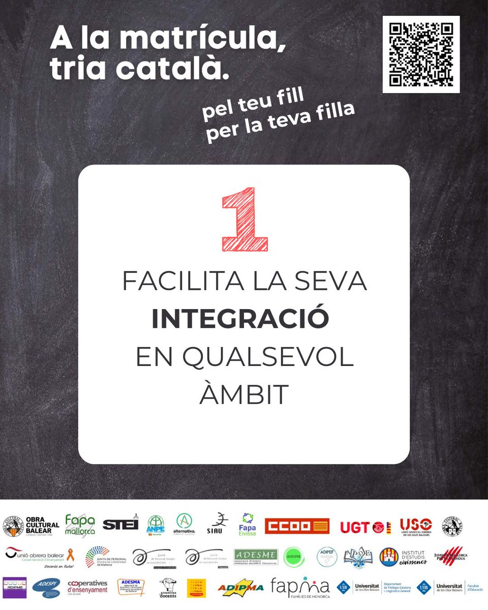 FAPAMallorca's tweet image. 🫶Pel teu fill, per la teva filla
✅️A la matrícula, tria català 
Aprendre en català sempre suma, i és donar les mateixes oportunitats als nostres fills I filles.
#XarxaEducativaPerLaLlengua
#ALaMatrículaTriaCatalà
#AprendreEnCatalàSempreSuma