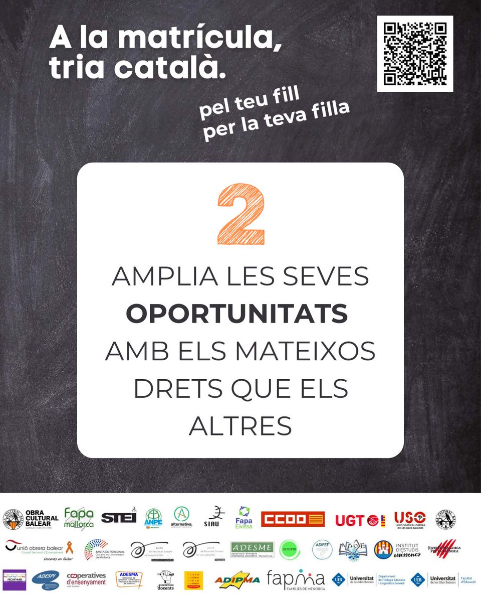 FAPAMallorca's tweet image. 🫶Pel teu fill, per la teva filla
✅️A la matrícula, tria català 
Aprendre en català sempre suma, i és donar les mateixes oportunitats als nostres fills I filles.
#XarxaEducativaPerLaLlengua
#ALaMatrículaTriaCatalà
#AprendreEnCatalàSempreSuma