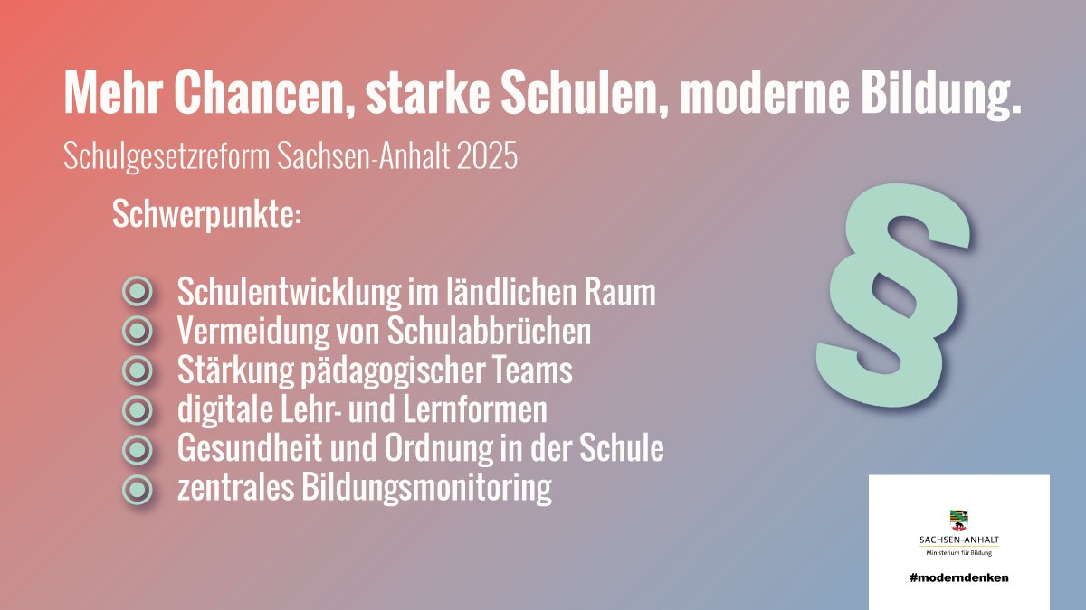 1/2📘 Der <a href="/Landtag_LSA/">LT Sachsen-Anhalt</a> hat gestern das neue #Schulgesetz für <a href="/sachsenanhalt/">Sachsen-Anhalt</a> beschlossen. Bildungsministerin #Feußner nennt die Reform „ein starkes Signal für Schulen im ganzen Land.“ 🏫📈Die Novelle regelt u. a. das duale Lernen, den Einsatz digitaler Lehr- und Lernformen,