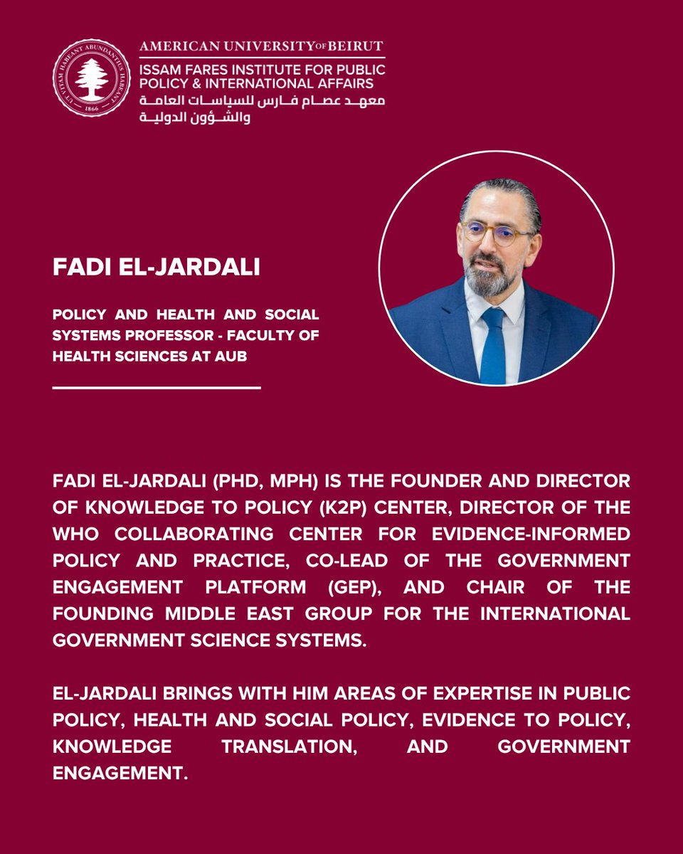 IFI at AUB (@ifi_aub) on Twitter photo 🤝Our Institute is pleased to welcome <a href="/feljardali/">Fadi El-Jardali</a> as a University Fellow, joining as an expert in public policy, health and social policy, evidence to policy, knowledge translation, and government engagement.
🔗Learn more about our fellows here: ififellows.com 🤝Our Institute is pleased to welcome <a href="/feljardali/">Fadi El-Jardali</a> as a University Fellow, joining as an expert in public policy, health and social policy, evidence to policy, knowledge translation, and government engagement.
🔗Learn more about our fellows here: ififellows.com