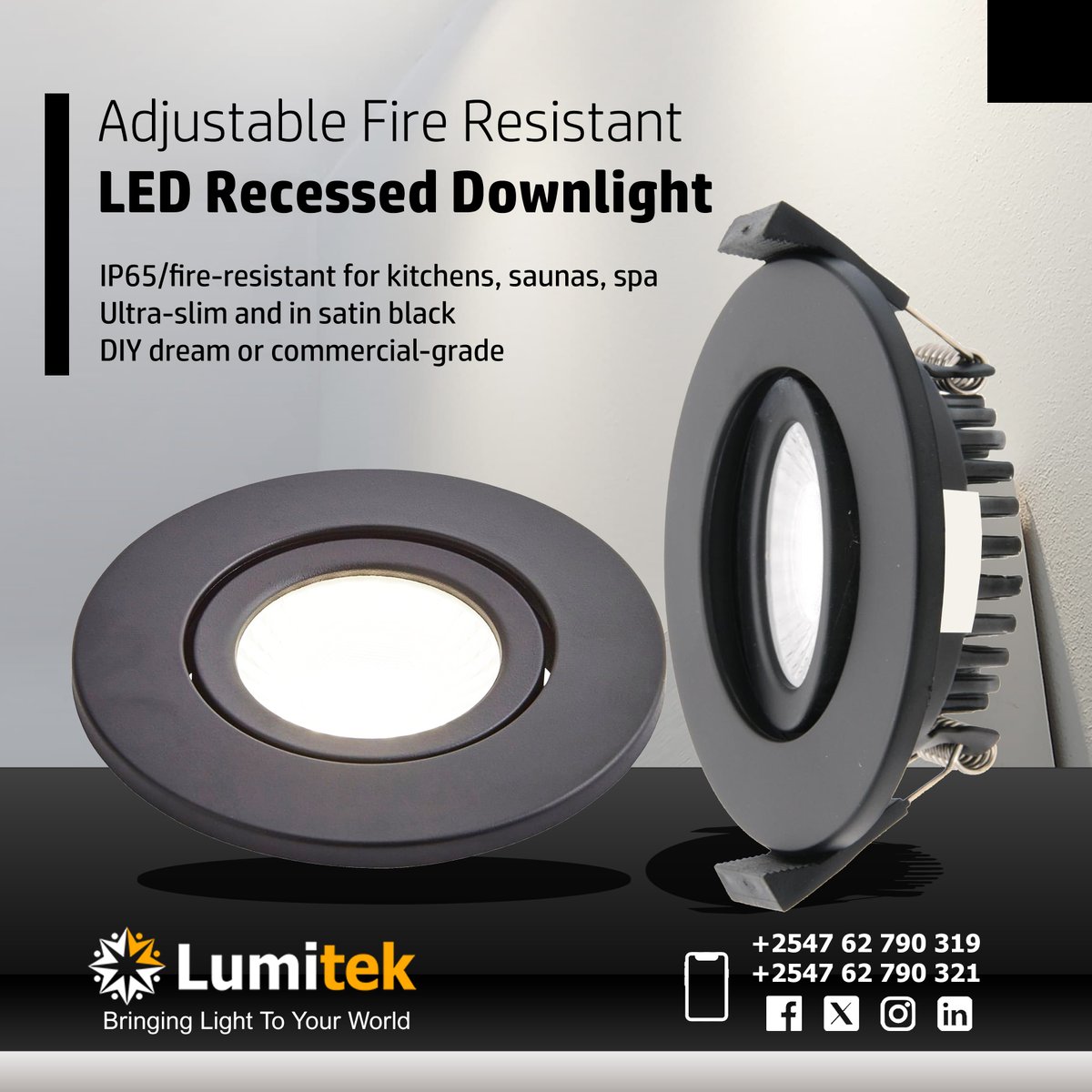 lumitek_kenya's tweet image. 🛡️🔥 Sleek Defense! Lumitek Adjustable Downlight – IP65/fire-resistant downlight for wet zones 🚿, kitchens 🍳, saunas 🔥, spa. Ultra-slim in satin black. DIY dream home project or commercial-grade! 💡 #SafeDesign #RecessedGlow Shop now ➡️ wa.me/254762790319?t…