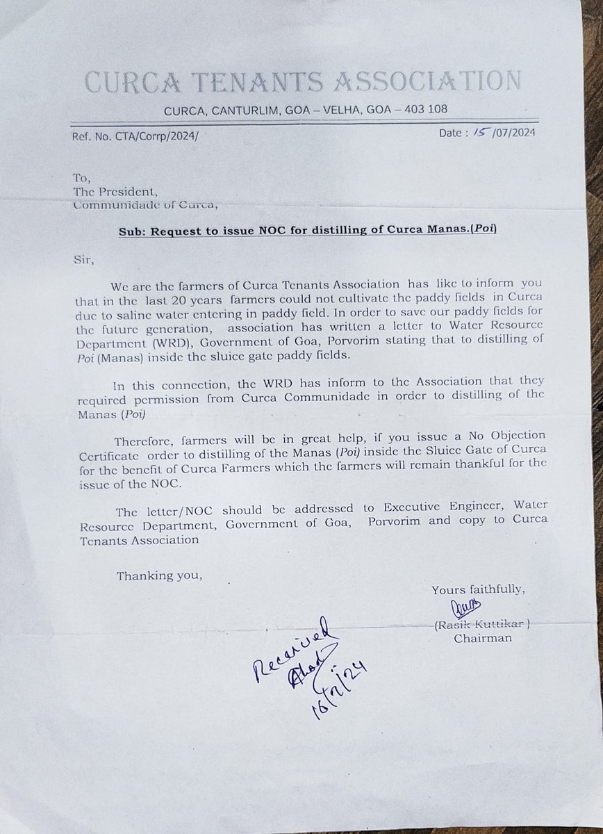 mkuttikar's tweet photo. @goacm , sir  Association written letter to President of communidade request to issue NOC for disilting till date not issued. Sir we are 99% ST farmers  cultivating rice. Please help to issue a NOC https://t.co/v3Fk9klLZf