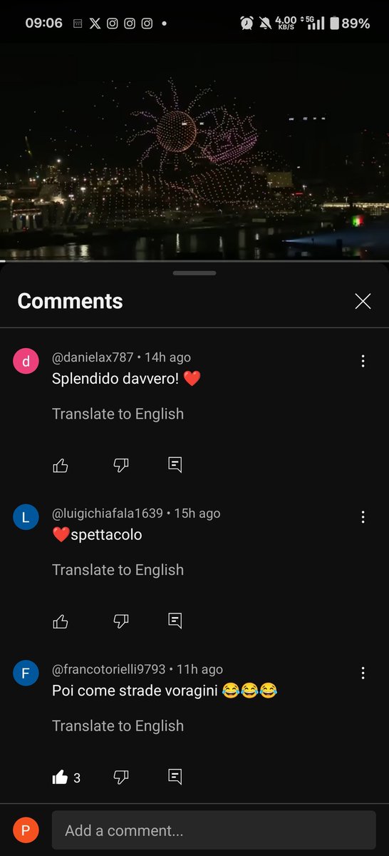 Two days ago Droneshow in Genova Italy for the Amerigo Vespucci return. 
Available on YouTube, and you find this comment :"and the streets are chasm" 
youtu.be/5IsnWQOPhYU?si…