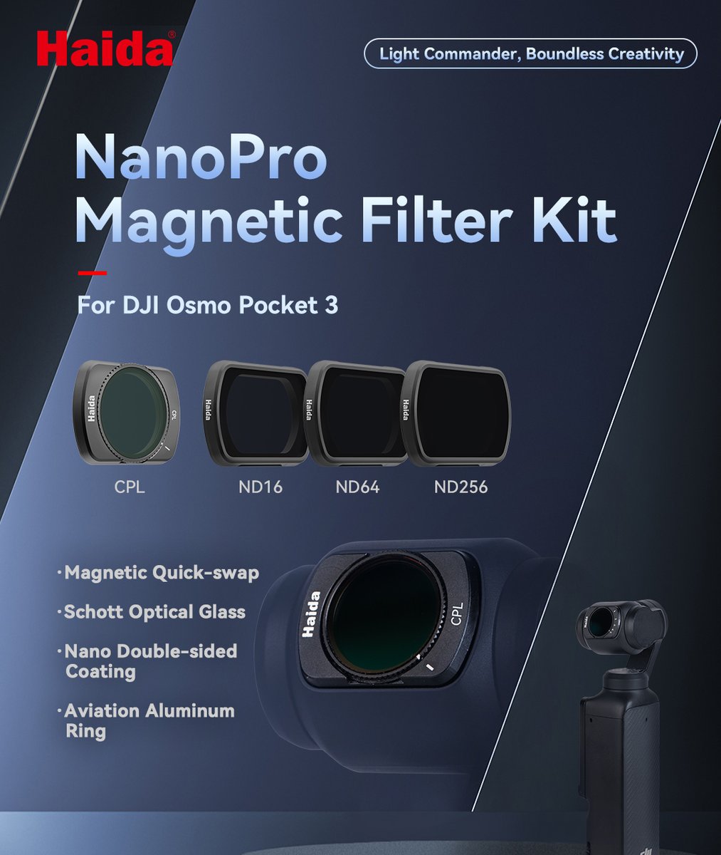 New Product Launch: Haida NanoPro Magnetic Filter Kit (CPL+ND16/64/256) for DJI Osmo Pocket 3.

Pocket-Sized Power for Cinematic Freedom.

Order now from authorized Haida dealers in your country!
haidaphoto.com/en/store.html

#haidafilter #djipocket3