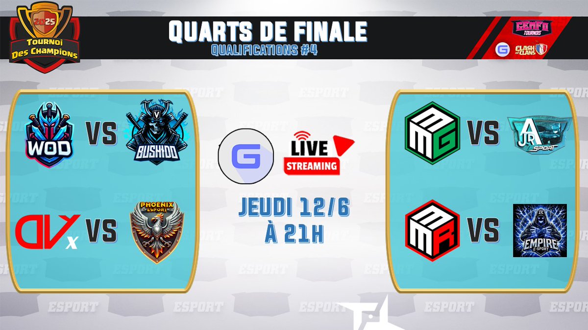 📢 Dernier mois de Qualification #GEmFo 
Les 1/4 et 1/2 finales se jouent ce soir 🌟
Il reste une place à prendre 🏆

🗓️ Jeudi 12 juin dès 21h 

📺 Chaine YT <a href="/gouloulou_coc/">Gouloulou</a> 
youtube.com/live/nkMW6dR3W…

Bonne chance à toutes les équipes 🌟