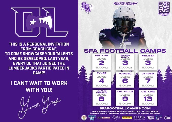 Bo Barrett (@bobarrettcs) on Twitter photo I will be competing at the <a href="/SFA_Football/">Lumberjack Football</a> camp tomorrow! Thank you <a href="/SFACoachGraf/">Garrett Graf</a> for the invite! I will be competing at the <a href="/SFA_Football/">Lumberjack Football</a> camp tomorrow! Thank you <a href="/SFACoachGraf/">Garrett Graf</a> for the invite!