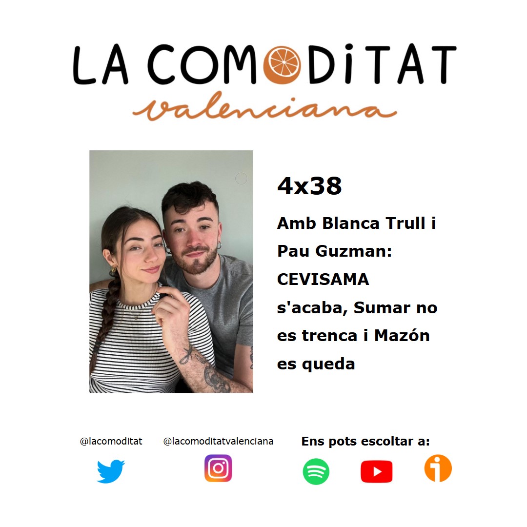 La Comoditat Valenciana (@lacomoditat) on Twitter photo Esta setmana <a href="/perealvaro/">ULTRAS RÔNIN LA PLANA BAIXA</a> i Julia han convidat a <a href="/blancaatrll/">BlancaTrull</a> i <a href="/pauguzman__/">Pau Guzmán</a> per a parlar de CEVISAMA, de la no ruptura entre Sumar i Compromís i els últims moviments de Mazón. Hem aprofitat la seua visita per parlar de la creació de contingut en valencià.
Enllaços 👇 Esta setmana <a href="/perealvaro/">ULTRAS RÔNIN LA PLANA BAIXA</a> i Julia han convidat a <a href="/blancaatrll/">BlancaTrull</a> i <a href="/pauguzman__/">Pau Guzmán</a> per a parlar de CEVISAMA, de la no ruptura entre Sumar i Compromís i els últims moviments de Mazón. Hem aprofitat la seua visita per parlar de la creació de contingut en valencià.
Enllaços 👇