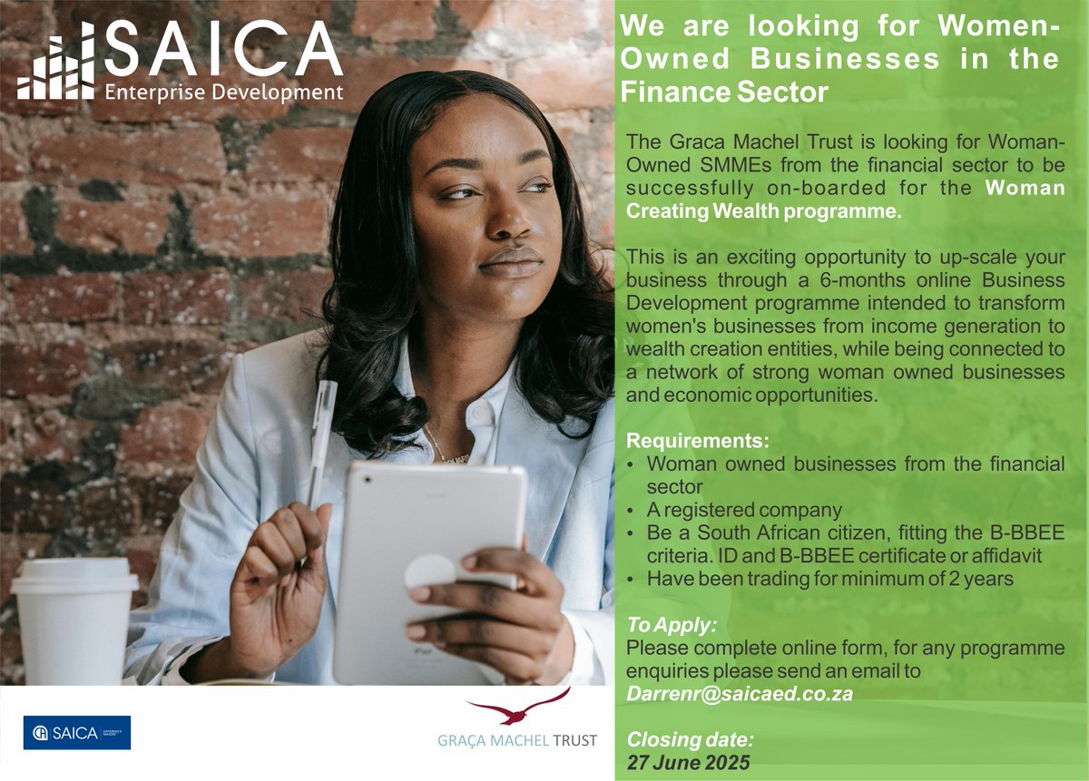 Are you a female SMME in the finance sector? Looking to upscale and make an impact as a woman in the Financial Sector, while been connected to a network of strong woman owned businesses and economic opportunities?

Please click on the link to apply 
forms.office.com/r/rYauKcZyFz