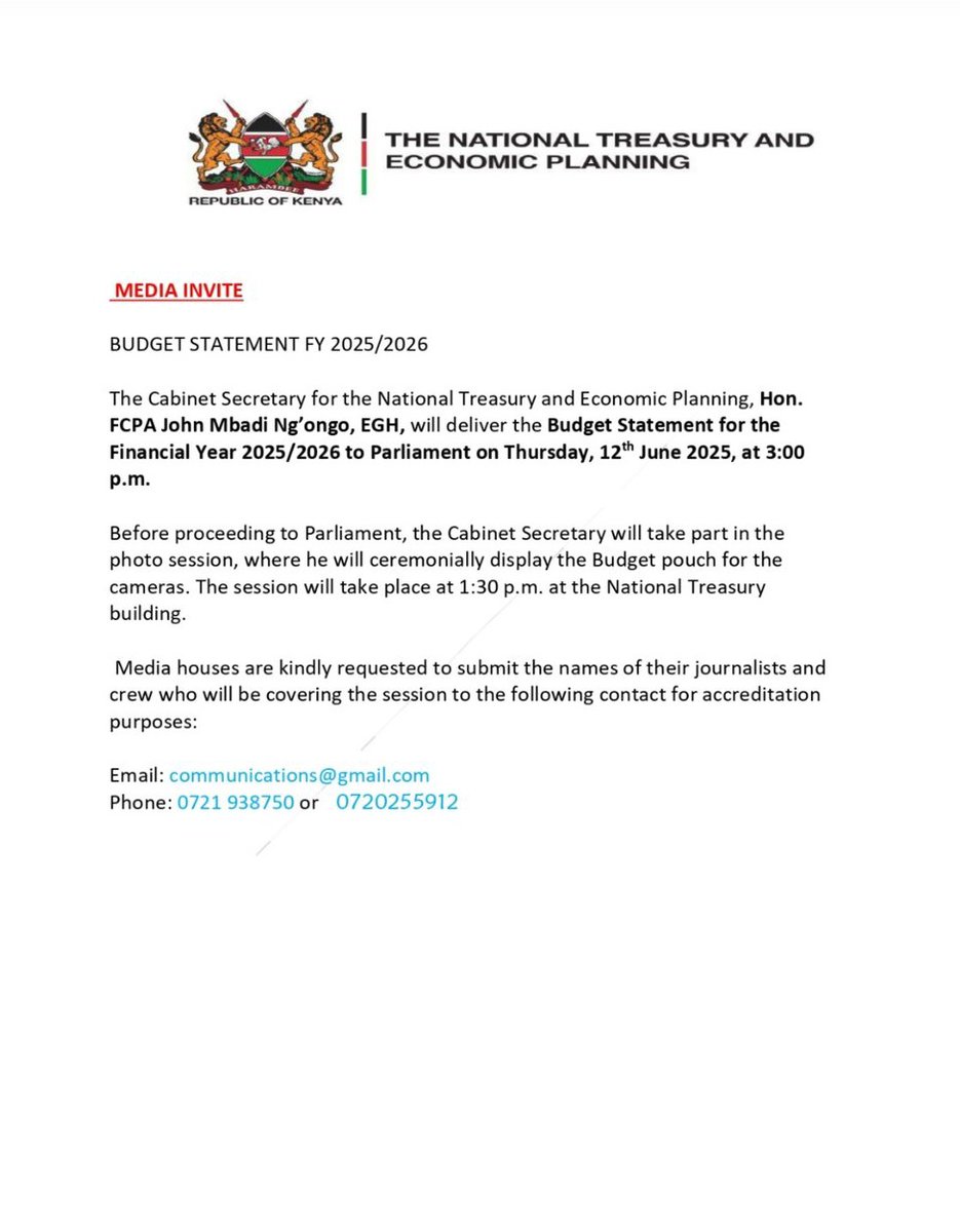 U D A - Official Fans Page. (@udapartyke) on Twitter photo All eyes on Budget 2025!
Today, the Cabinet Secretary for the National Treasury, Hon. FCPA <a href="/JohnMbadiN/">Hon. FCPA John Mbadi Ng'ongo, EGH</a>, EGH, will present the Budget 2025 Statement to Parliament at 3:00 p.m.
This budget prioritizes economic stability, inclusivity, and sustainable growth.
Kenyans can expect a All eyes on Budget 2025!
Today, the Cabinet Secretary for the National Treasury, Hon. FCPA <a href="/JohnMbadiN/">Hon. FCPA John Mbadi Ng'ongo, EGH</a>, EGH, will present the Budget 2025 Statement to Parliament at 3:00 p.m.
This budget prioritizes economic stability, inclusivity, and sustainable growth.
Kenyans can expect a