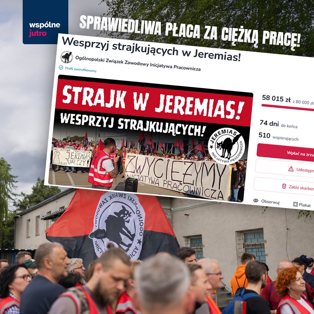 Wspólne Jutro (@wspolnejutro) on Twitter photo Wspierajmy strajkujących pracowników Jeremiasa! 🤝
Załoga z OZZ Inicjatywa <a href="/pracownicza/">OZZ Inicjatywa Pracownicza</a> Jeremias kolejny dzień prowadzi strajk! Mimo zwolnień, gróźb i represji ci odważni ludzie walczą o godne płace, dobre warunki pracy i przestrzeganie prawa. I mają wielkie szanse na sukces! Wspierajmy strajkujących pracowników Jeremiasa! 🤝
Załoga z OZZ Inicjatywa <a href="/pracownicza/">OZZ Inicjatywa Pracownicza</a> Jeremias kolejny dzień prowadzi strajk! Mimo zwolnień, gróźb i represji ci odważni ludzie walczą o godne płace, dobre warunki pracy i przestrzeganie prawa. I mają wielkie szanse na sukces!