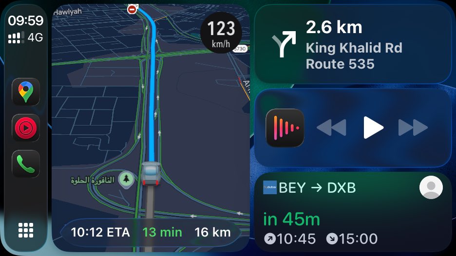 التحديثات الحيّة أو Live Activities أضيفت في شاشة الـ CarPlay مع تحديث #iOS26. إضافة ممتازة ومفيدة جدًا. 

التطبيق في الصورة <a href="/Flighty/">Flighty</a> لمتابعة الرحلات 
#Souhaib26 #CarPlay