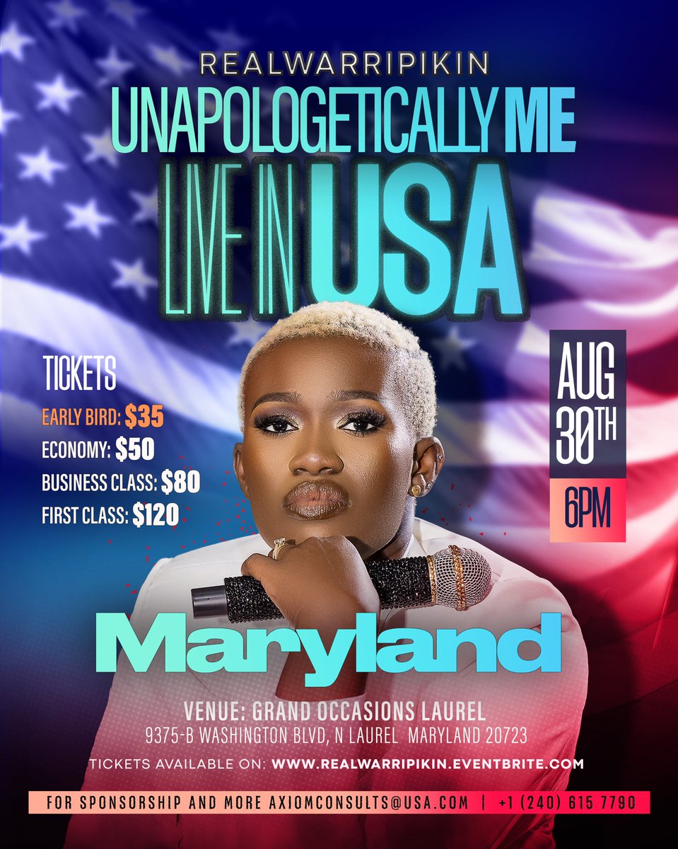 drealwarripikin's tweet image. 🎤 MARYLAND, IT’S OFFICIAL! 🎤
Let’s do this Unapologetically! 🔥
Get ready for a thrill-packed experience with the African Queen of Comedy.
Date: August 30th, 2025
Venue: Grand Occasions Laurel
9375-B Washington Blvd, N Laurel, Maryland 20723
🎟️ Tickets:
Early Bird: $35…